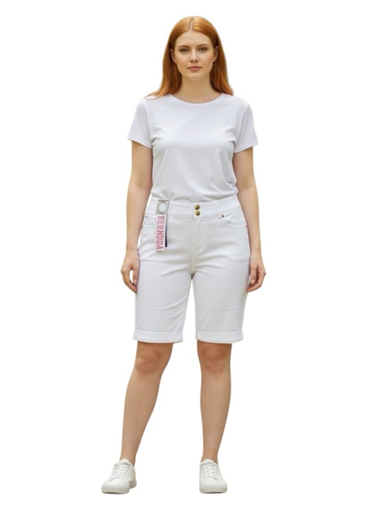 Thrill Pants - Thrill Plus Size White Bermuda Knee-Length Women's Shorts Stretch 3X